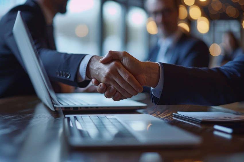 Two business people handshake over a laptop in business setting