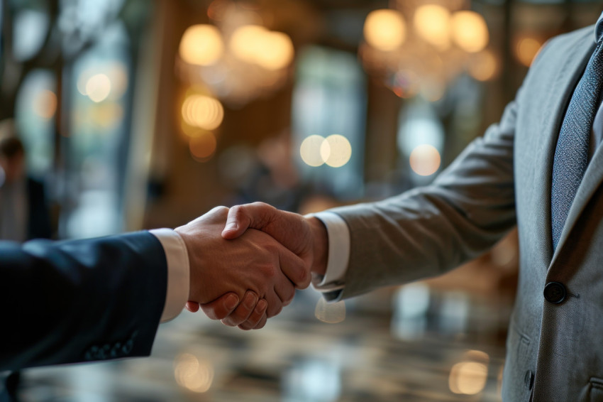 A friendly handshake between two men in a professional setting