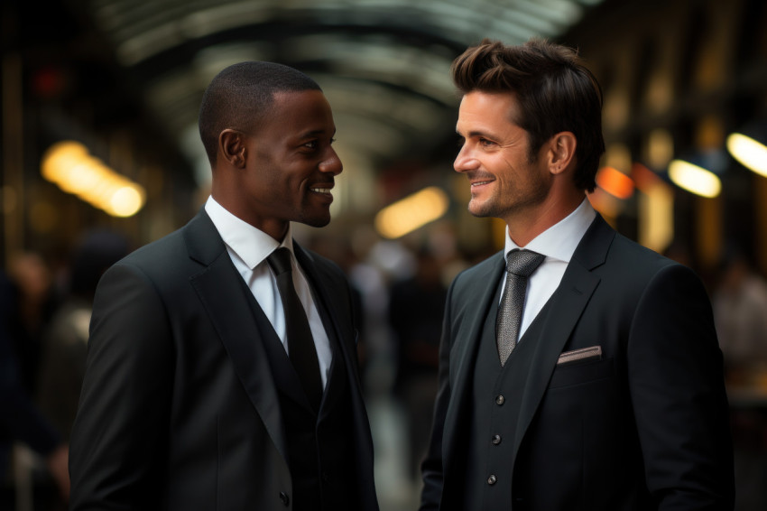 Joyful businessmen in sharp suits engaged in a cheerful discussion