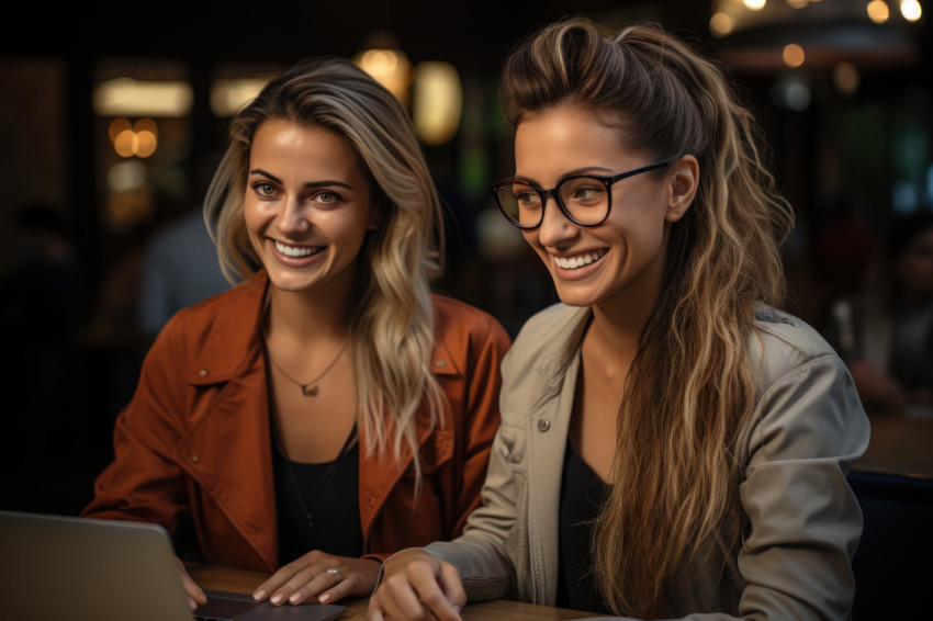 Women in business outfits working side by side on a laptop