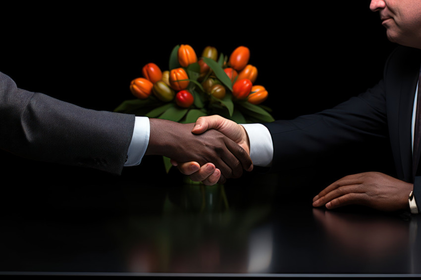 Handshake between coworkers at a desk