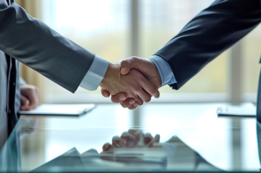 Businessmen shake hands over a table after reaching a successful deal