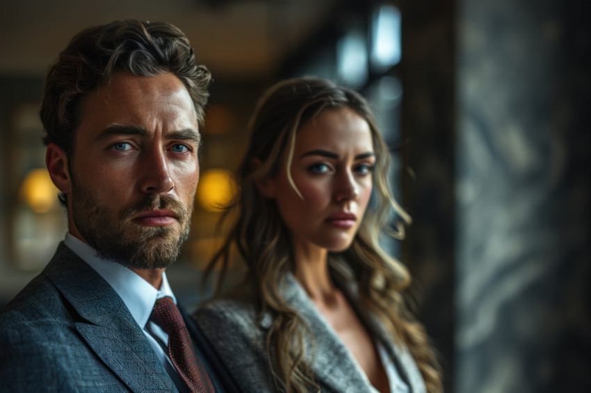 Confident man and woman in business clothing