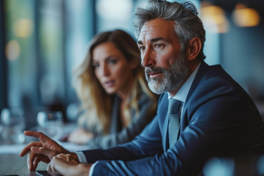 Male executive and female colleague in a contemporary business meeting