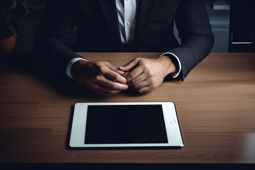 Hands exchanging a tablet in a business environment