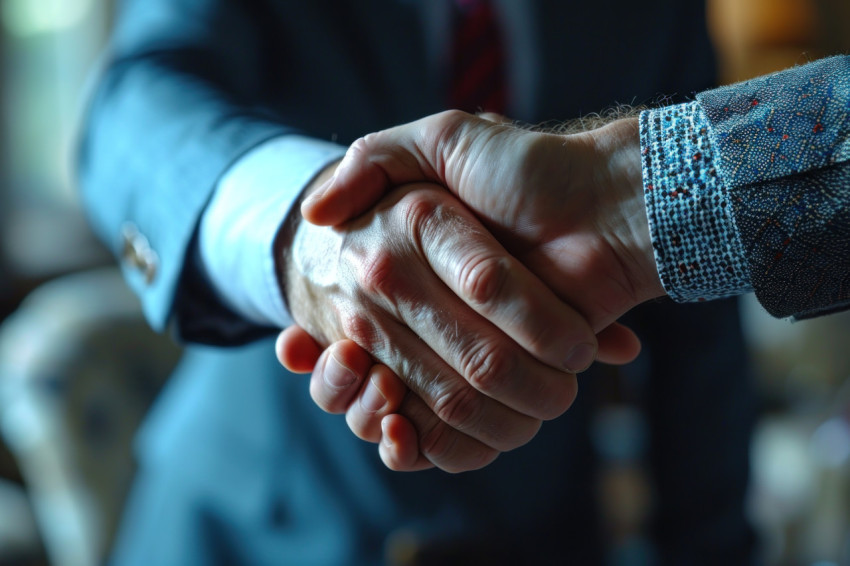 Business professionals sealing the deal with a handshake in a conference room