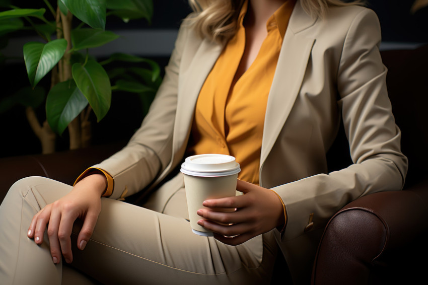 Coffee break for a successful businesswoman in her office chair