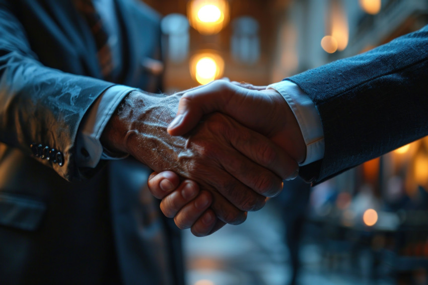 Business professionals engage in a handshake gesture