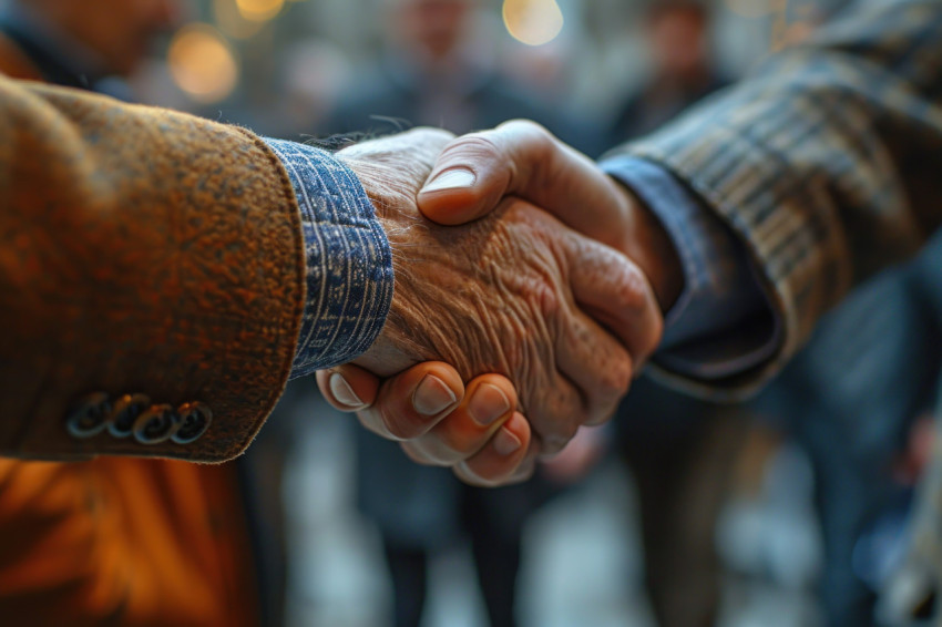 Suits and smiles as men shake hands in the office