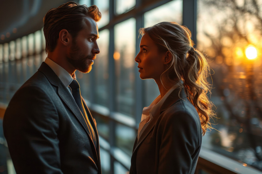 Two professionals in a window light meeting