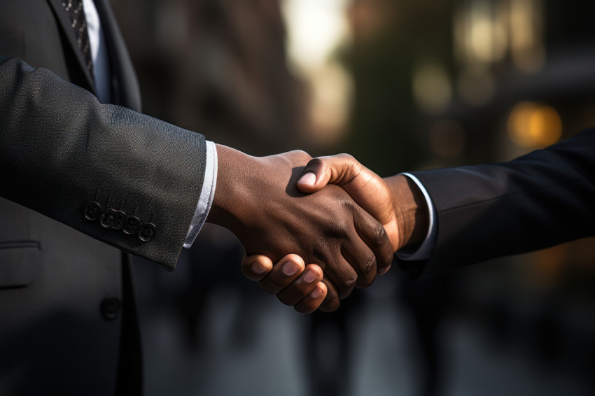 Handshake between business individuals in front of office