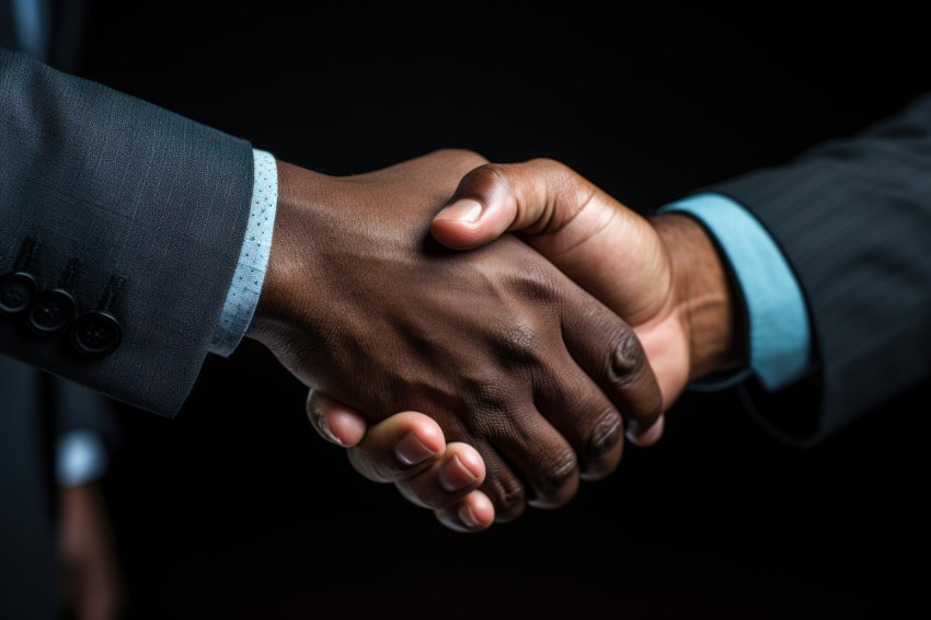 Partners in business celebrating success with a handshake