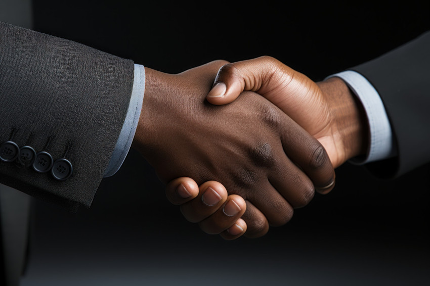 A handshake between two businessmen on a plain black surface