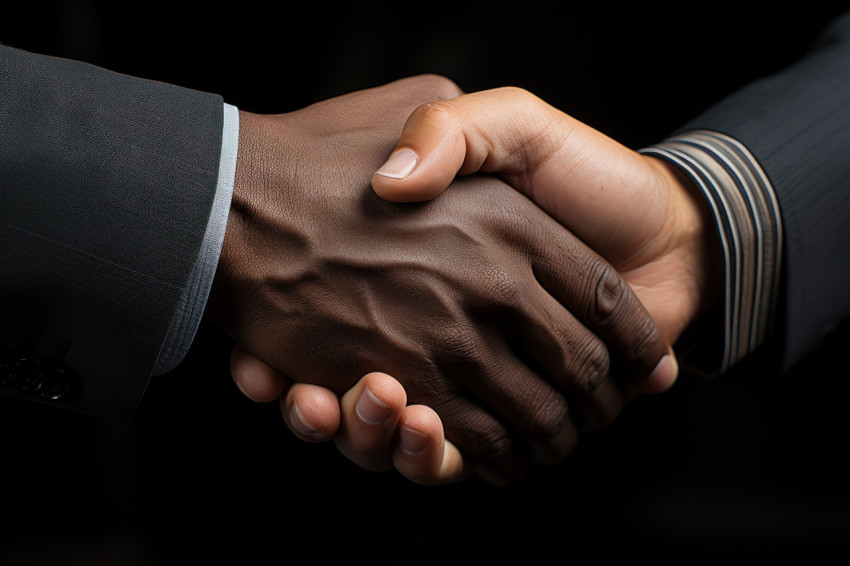 Two men in suits shaking hands on a dark background