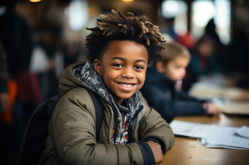 Kid in classroom radiates happiness while seated at desk