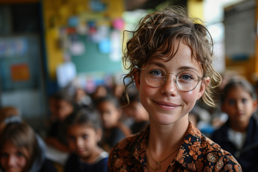 Teacher with glasses imparts knowledge to children in classroom