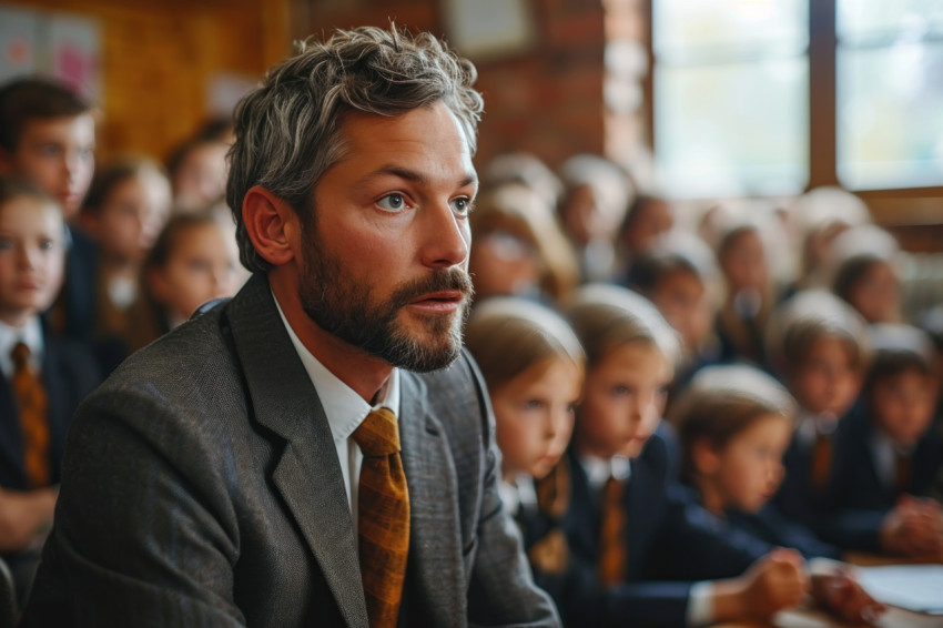 Man in a suit conveys information and engages young minds