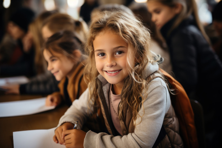 Children sit and diligently record notes in the classroom