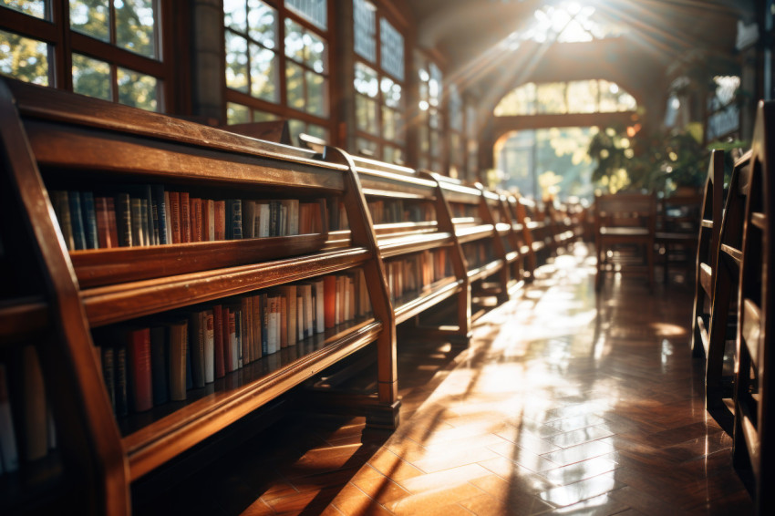 A never ending collection of books in a sunlit library corridor