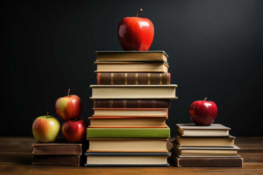 A pile of books with a tasty apple on the summit