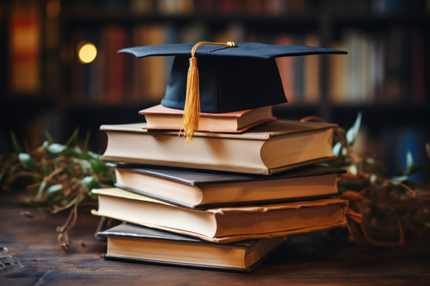 Graduation cap and book stack