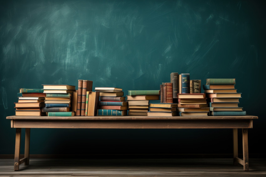 Books stacked by a vibrant green chalkboard