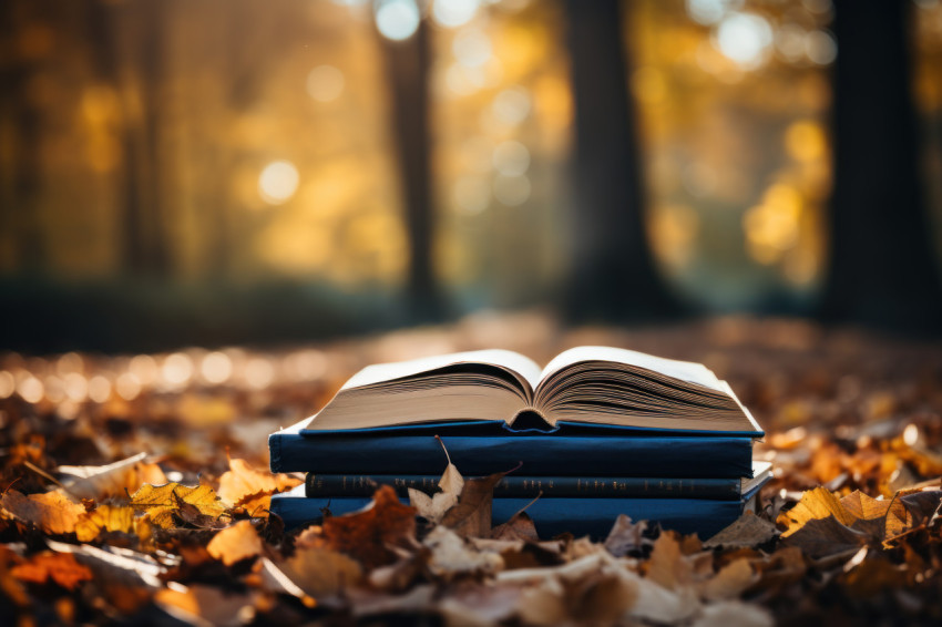 Open books resting on a log with colorful autumn leaves