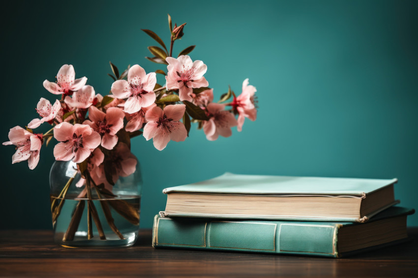 Pink flower books and glasses create a beautiful scene against a green backdrop