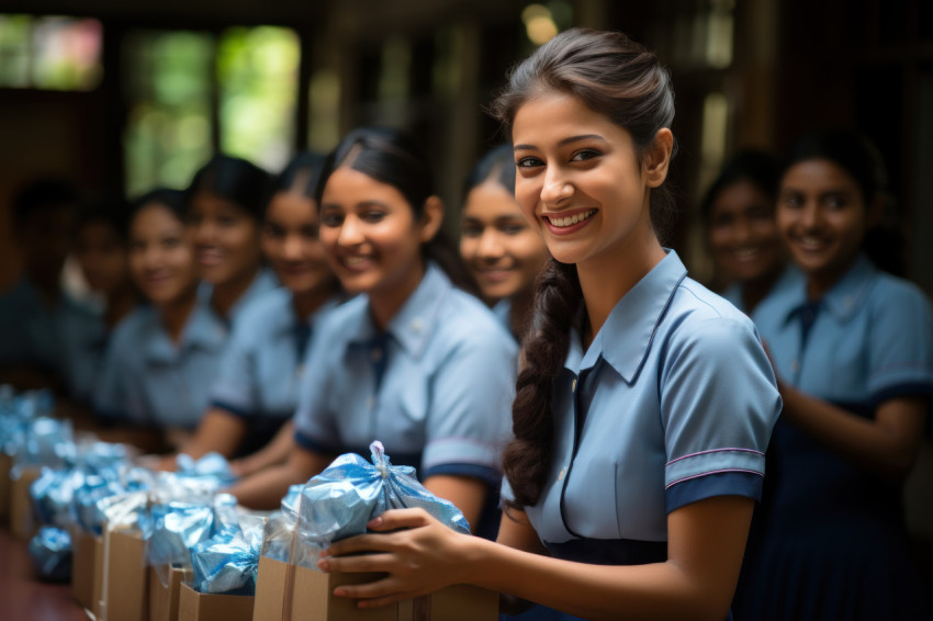 Smiling ladies in blue attire share gifts with students