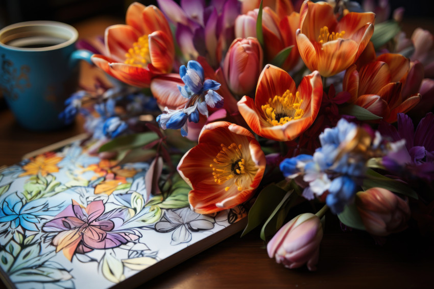 A cheerful scene with tulips pencils and a coffee notebook to brighten your day