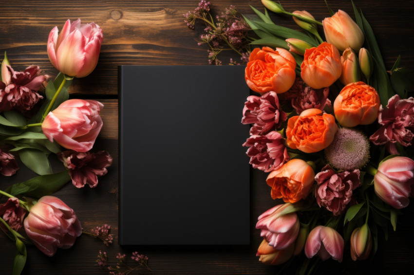 Black notebook and pencil on a rustic wooden table