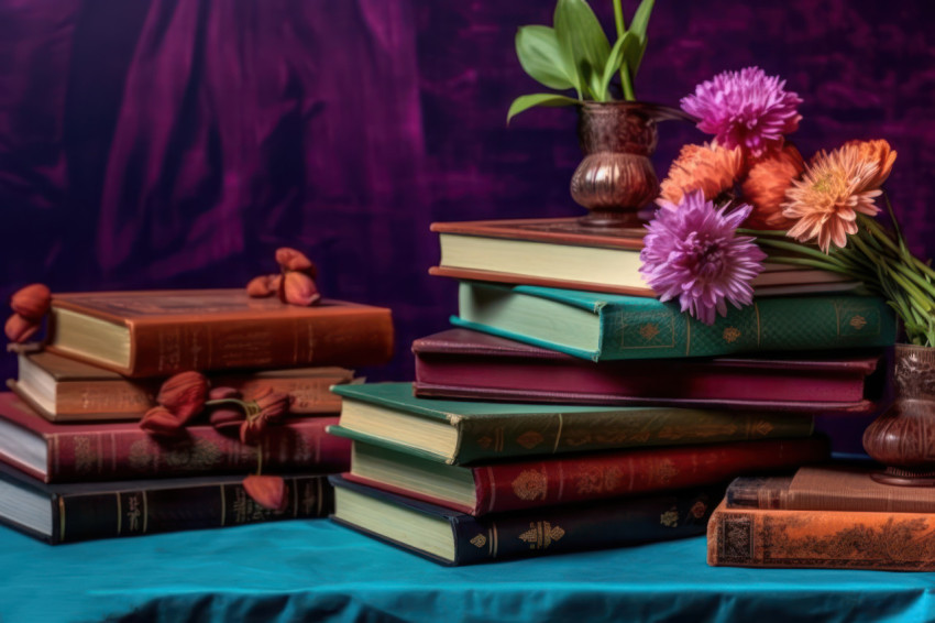 Books flowers and teacher day memories beautifully arranged on a table