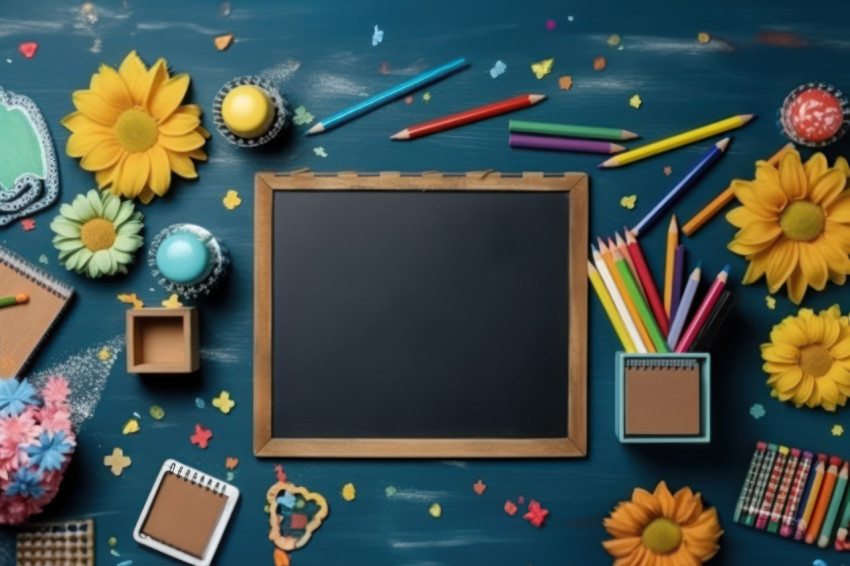 Back to school happiness with vibrant supplies and a cute flower chalkboard on a blue backdrop