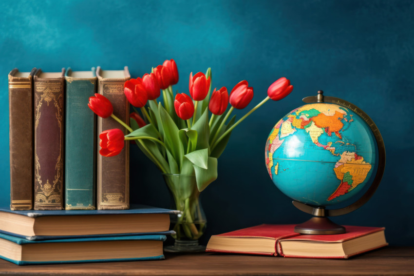 Explore the world with a book red tulips and a globe