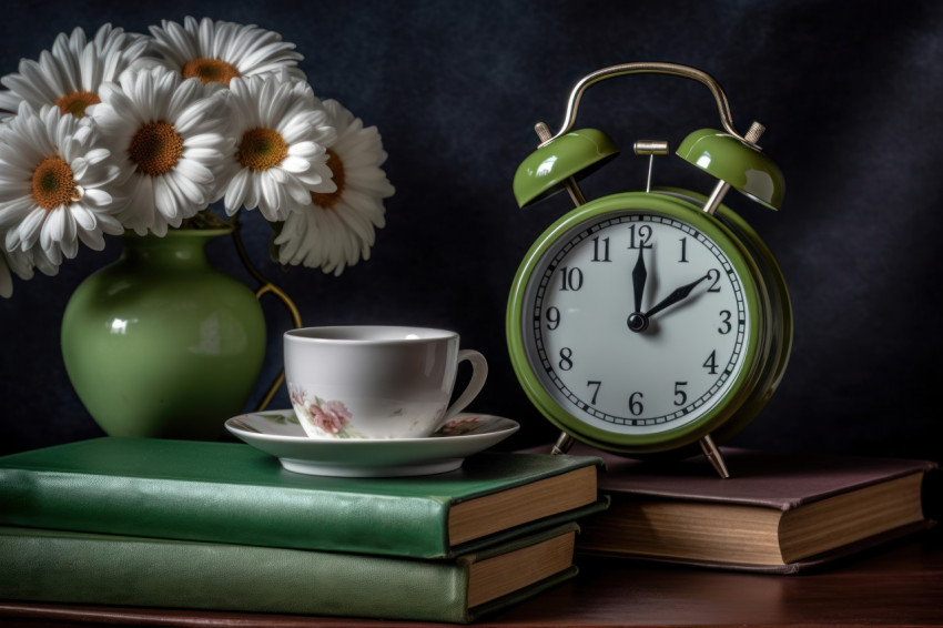 A book apple alarm clock and daisies arranged on a table