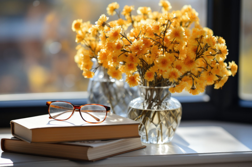 Glasses atop books yellow flowers in a vase against a white backdrop simple and elegant