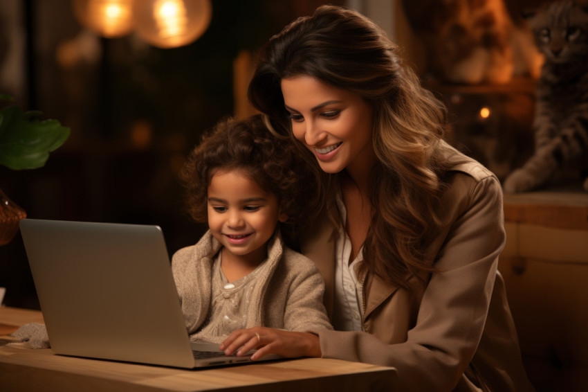 Indian woman and child sitting on couch using a laptop together