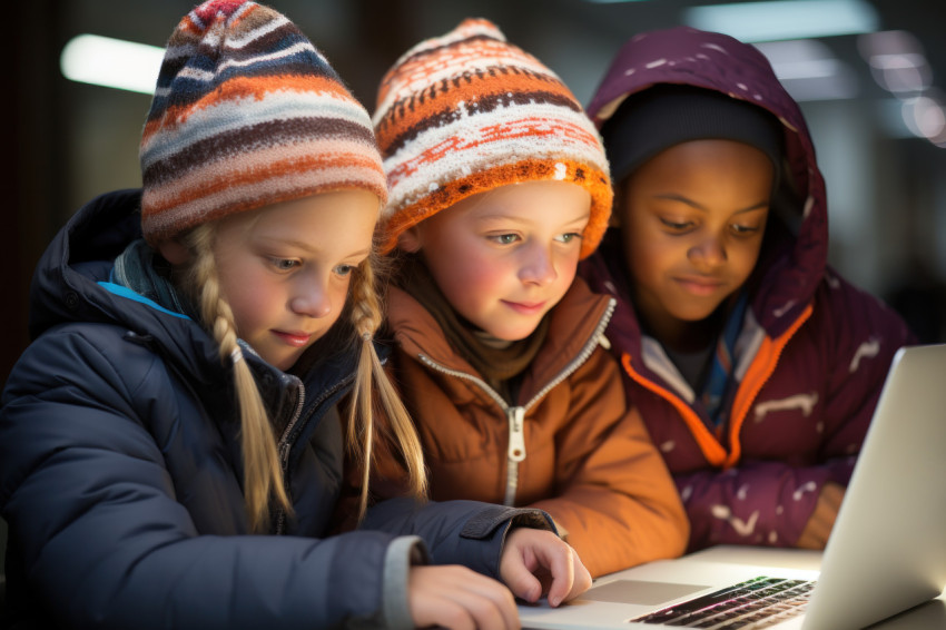 A group of four kids captivated by a laptop immersed in a shared experience of discovery and exploration showcasing the joy of youthful curiosity