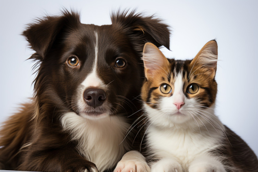 Puppy and kitten sitting on white background