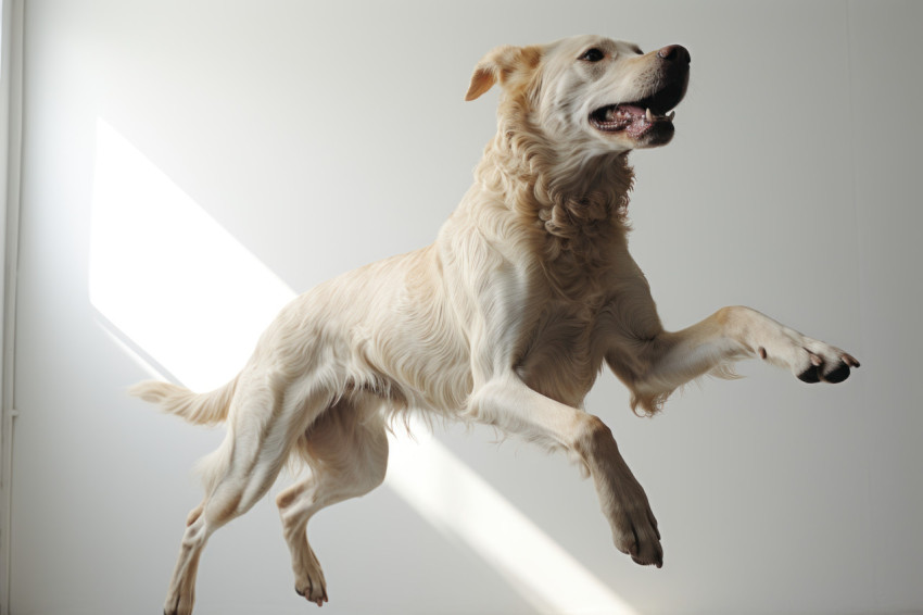 Dog running in air on white background