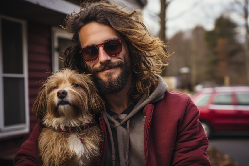 Bearded man holding a dog in his arms