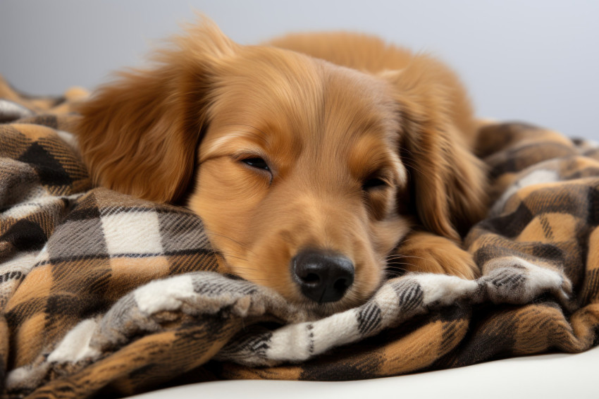 Puppy sleeping peacefully on a blanket against a white background