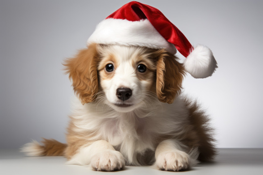 Puppy wearing a santa hat sitting on a white backdrop