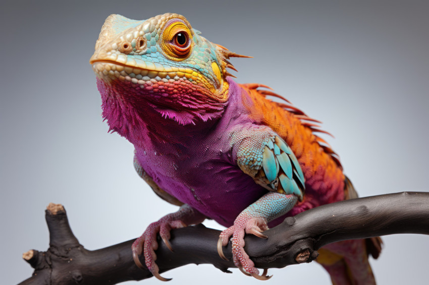 Chameleon sitting on branch against white background