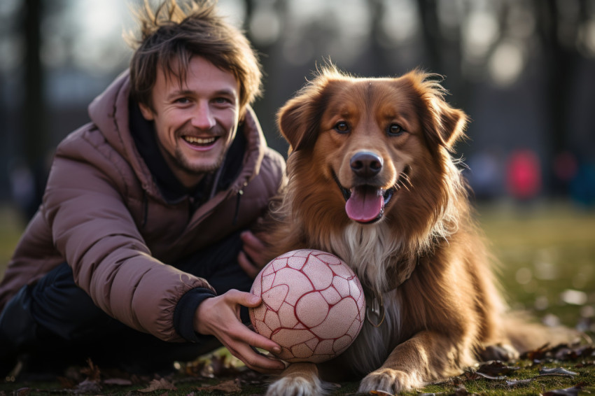 Happy people and dog playing at park with a ball