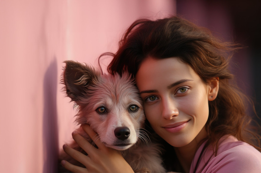 Person joyfully hugs dog by the pink wall