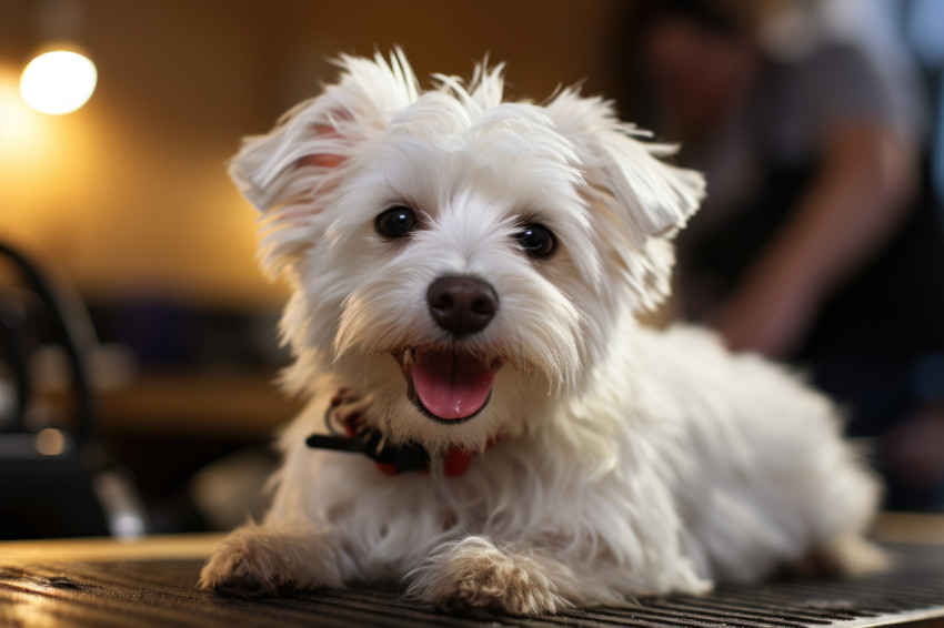 Small white dog groomed with clippers fur trimming in a pet salon