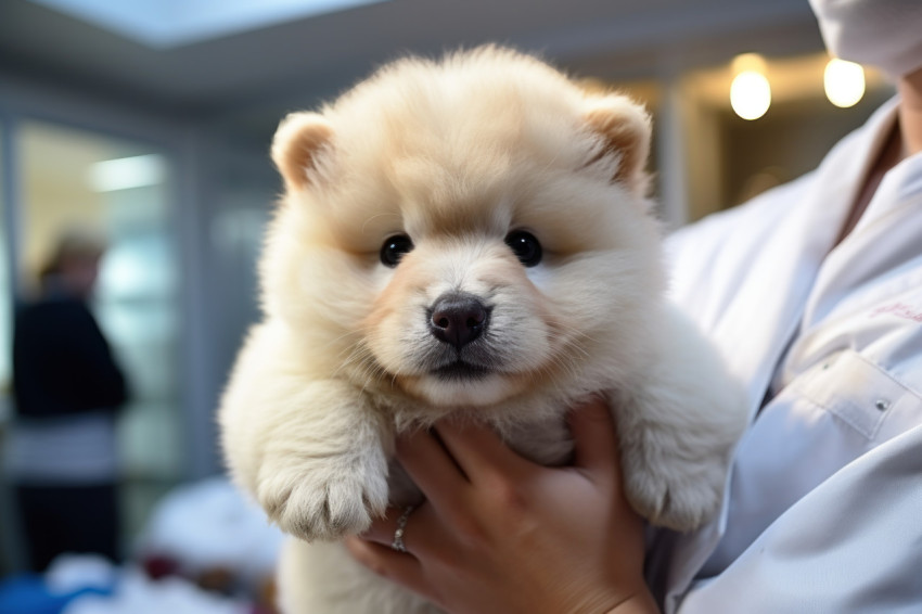 Cute white puppy being gently cradled in the hands of a caring veterinarian during a check up at the animal clinic