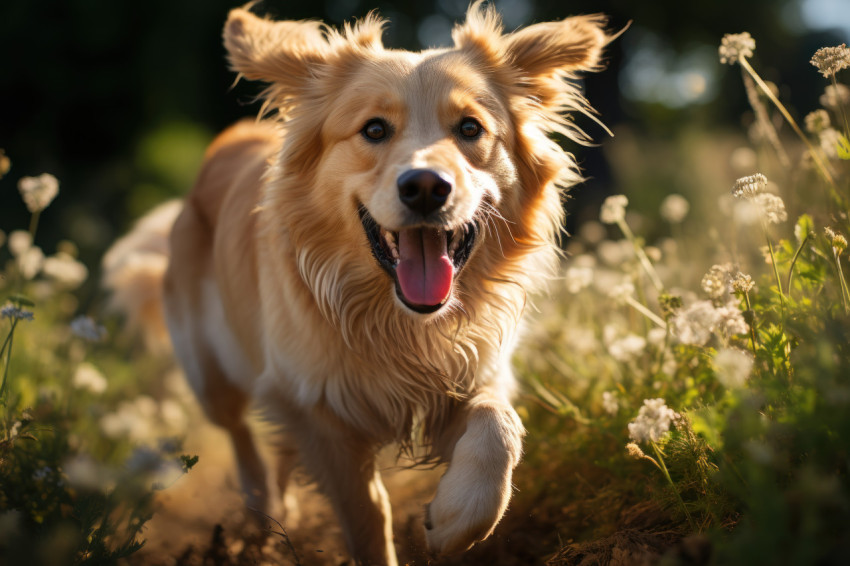 Energetic dog happily runs through green grass