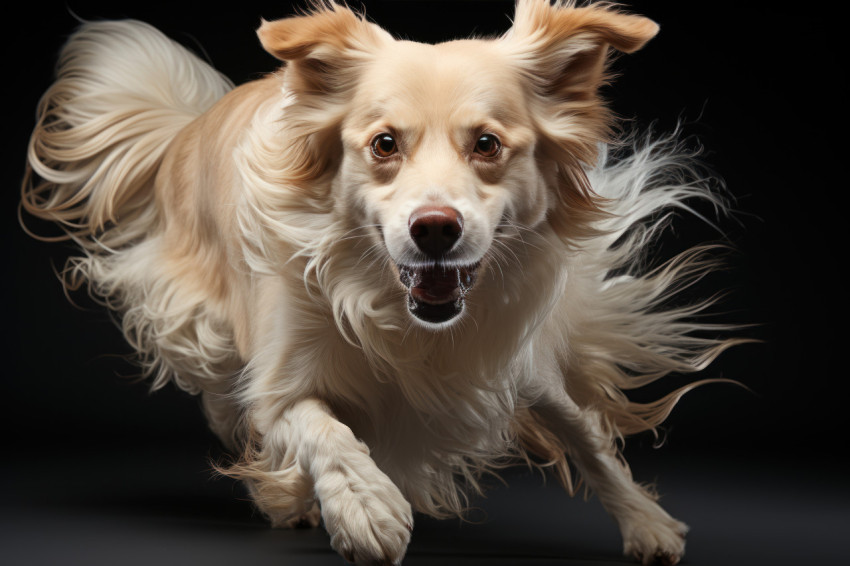 Energetic dog with flowing hair sprints against a black backdrop